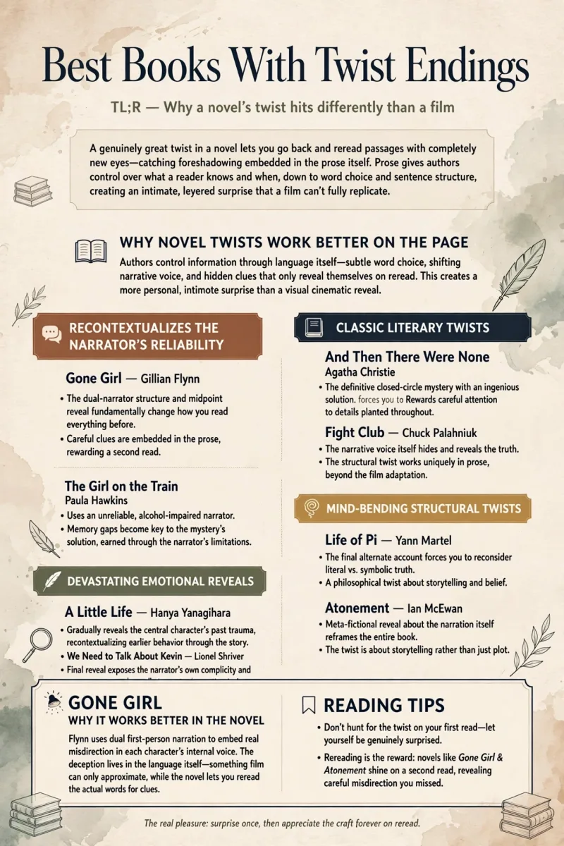 Best Books With Twist Endings infographic featuring Gone Girl, The Girl on the Train, And Then There Were None, Fight Club, A Little Life, We Need to Talk About Kevin, Life of Pi, and Atonement.