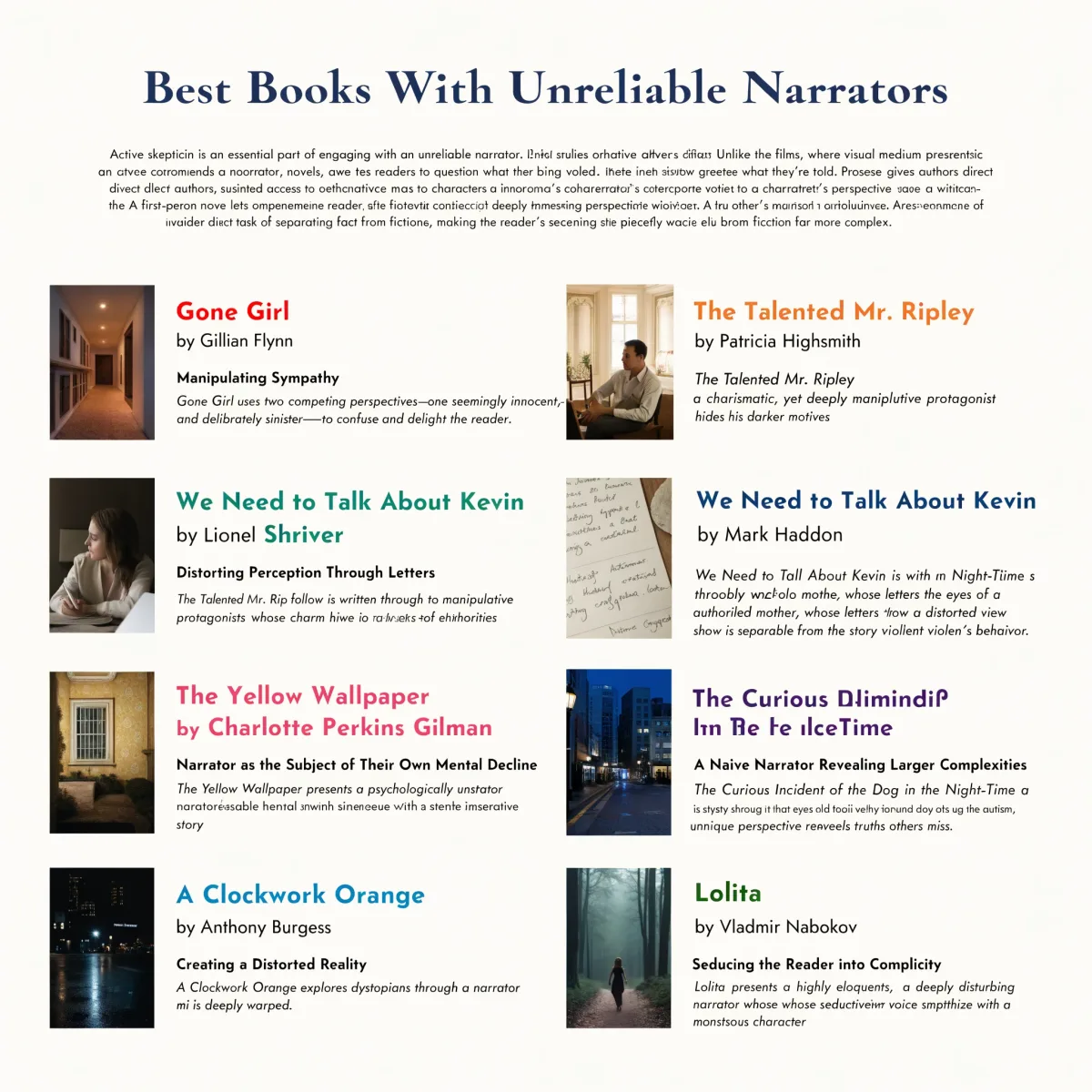 Best Books With Unreliable Narrators infographic featuring Gone Girl, The Talented Mr. Ripley, We Need to Talk About Kevin, The Yellow Wallpaper, The Curious Incident of the Dog in the Night-Time, A Clockwork Orange, and Lolita.