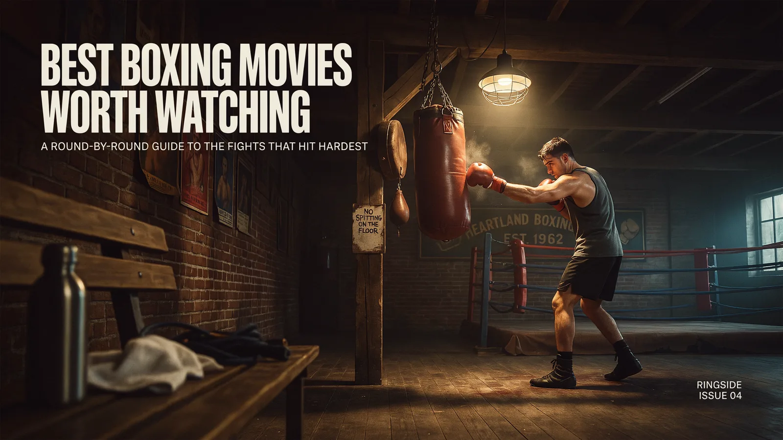 A boxer's wrapped hands resting on ring ropes beside a towel and water bottle, titled Best Boxing Movies Worth Watching.