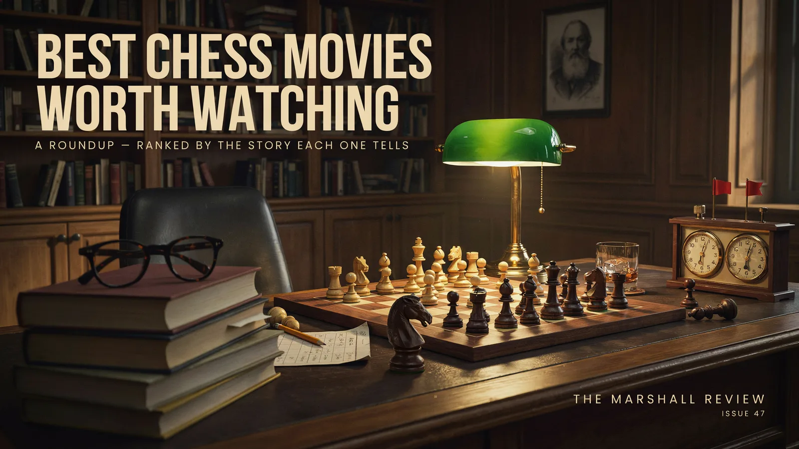 A chessboard mid-match beside a ticking clock and a stack of chess biography books, titled Best Chess Movies Worth Watching.