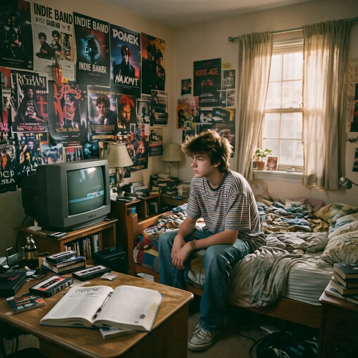 A teenager sitting on a bed in a poster-covered bedroom with a CRT television and cassette tapes.