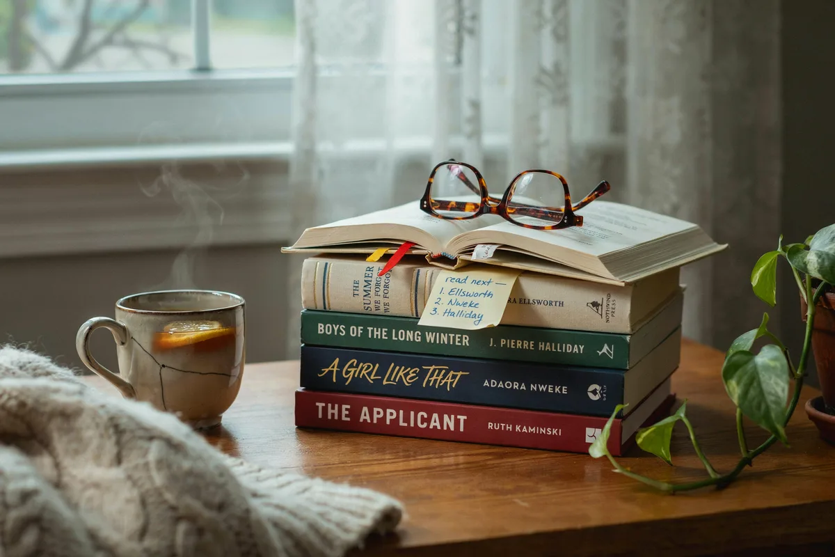 A stack of coming-of-age novels with a handwritten read-next list, an open book and glasses beside a cup of tea.