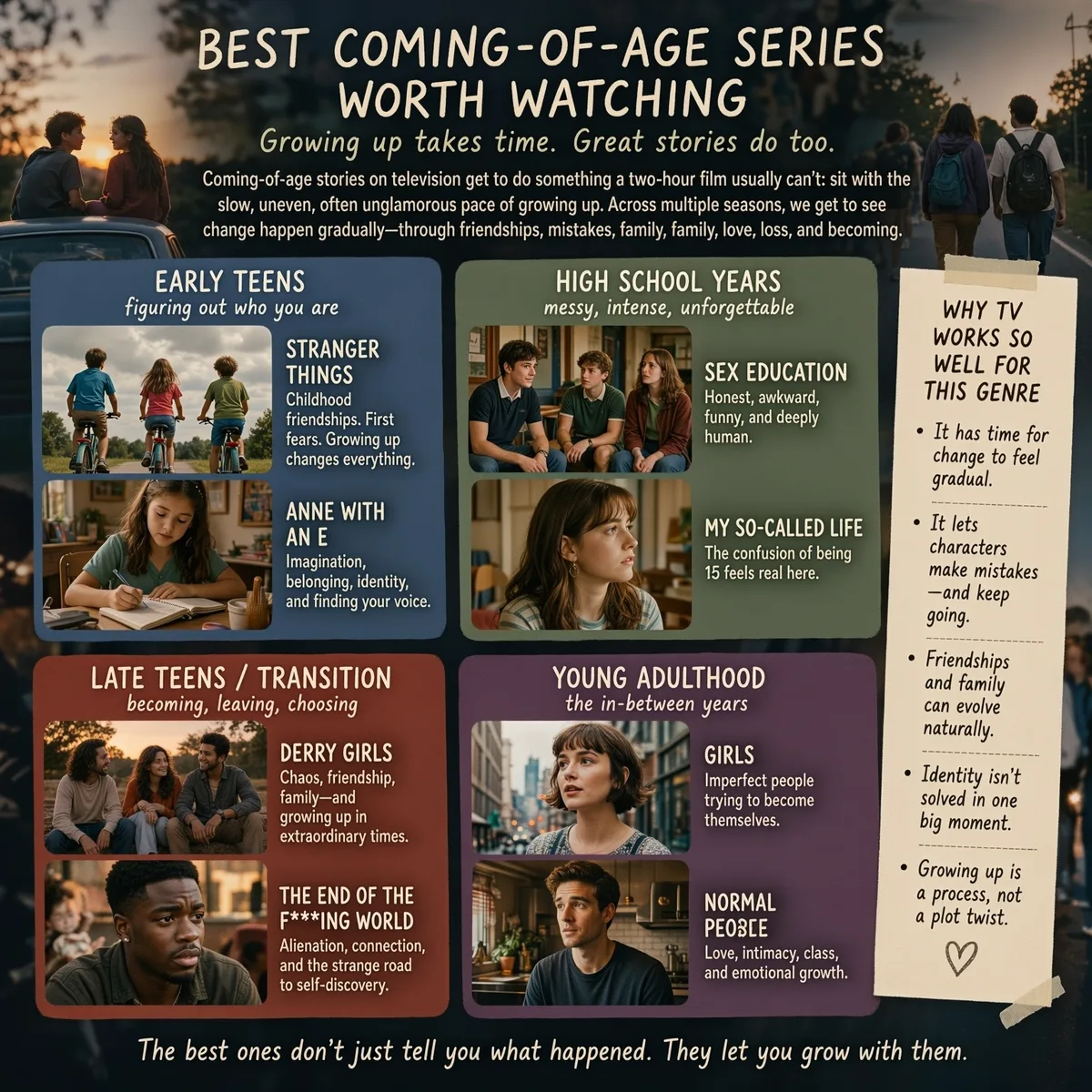 Best Coming-of-Age Series Worth Watching infographic sorted by life stage: Early Teens, High School Years, Late Teens/Transition, and Young Adulthood.