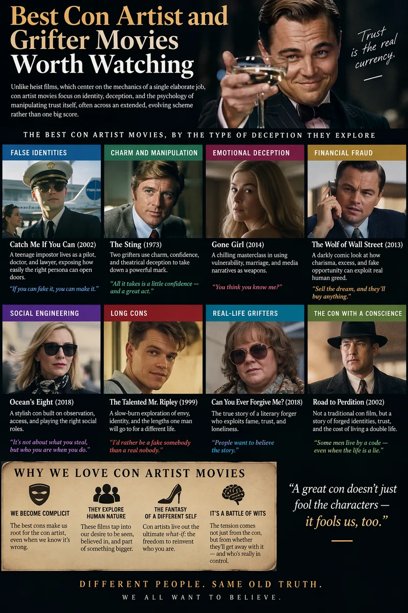 A grid of con artist movie posters including Catch Me If You Can, The Sting and The Wolf of Wall Street grouped by type of deception.