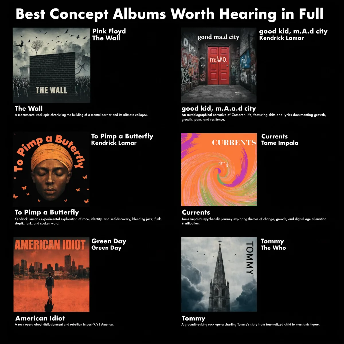 Best Concept Albums Worth Hearing in Full infographic featuring The Wall by Pink Floyd, good kid m.A.A.d city and To Pimp a Butterfly by Kendrick Lamar, Currents by Tame Impala, American Idiot by Green Day, and Tommy by The Who.