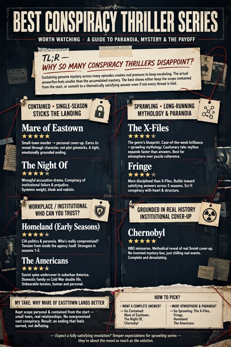 Best Conspiracy Thriller Series infographic featuring Mare of Easttown, The Night Of, The X-Files, Fringe, Homeland, The Americans, and Chernobyl.