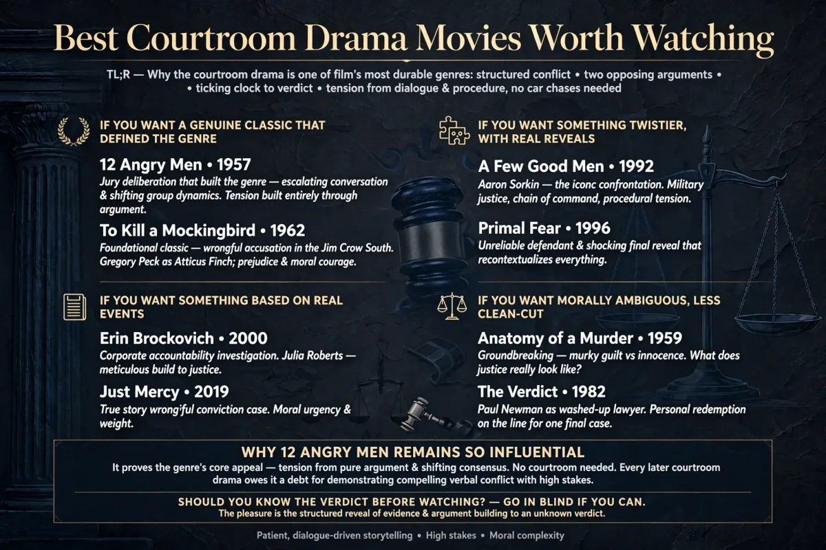Best Courtroom Drama Movies infographic featuring 12 Angry Men, To Kill a Mockingbird, A Few Good Men, Primal Fear, Erin Brockovich, Just Mercy, Anatomy of a Murder, and The Verdict.