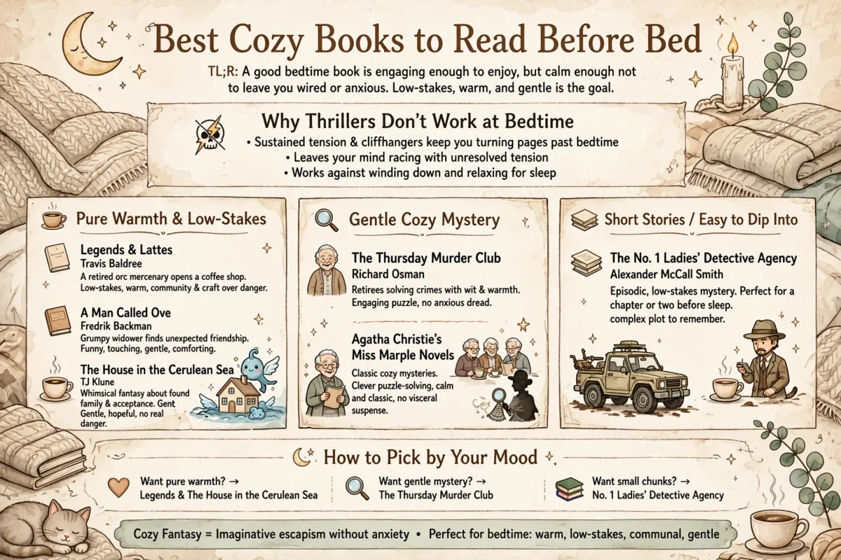 Best Cozy Books to Read Before Bed infographic featuring Legends & Lattes, A Man Called Ove, The Thursday Murder Club, Agatha Christie's Miss Marple novels, Eleanor Oliphant Is Completely Fine, The House in the Cerulean Sea, and The No. 1 Ladies' Detective Agency.