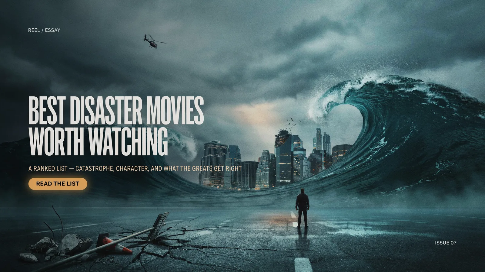 A massive wave looming over a city skyline as a lone figure stands on a cracked road, titled Best Disaster Movies Worth Watching.