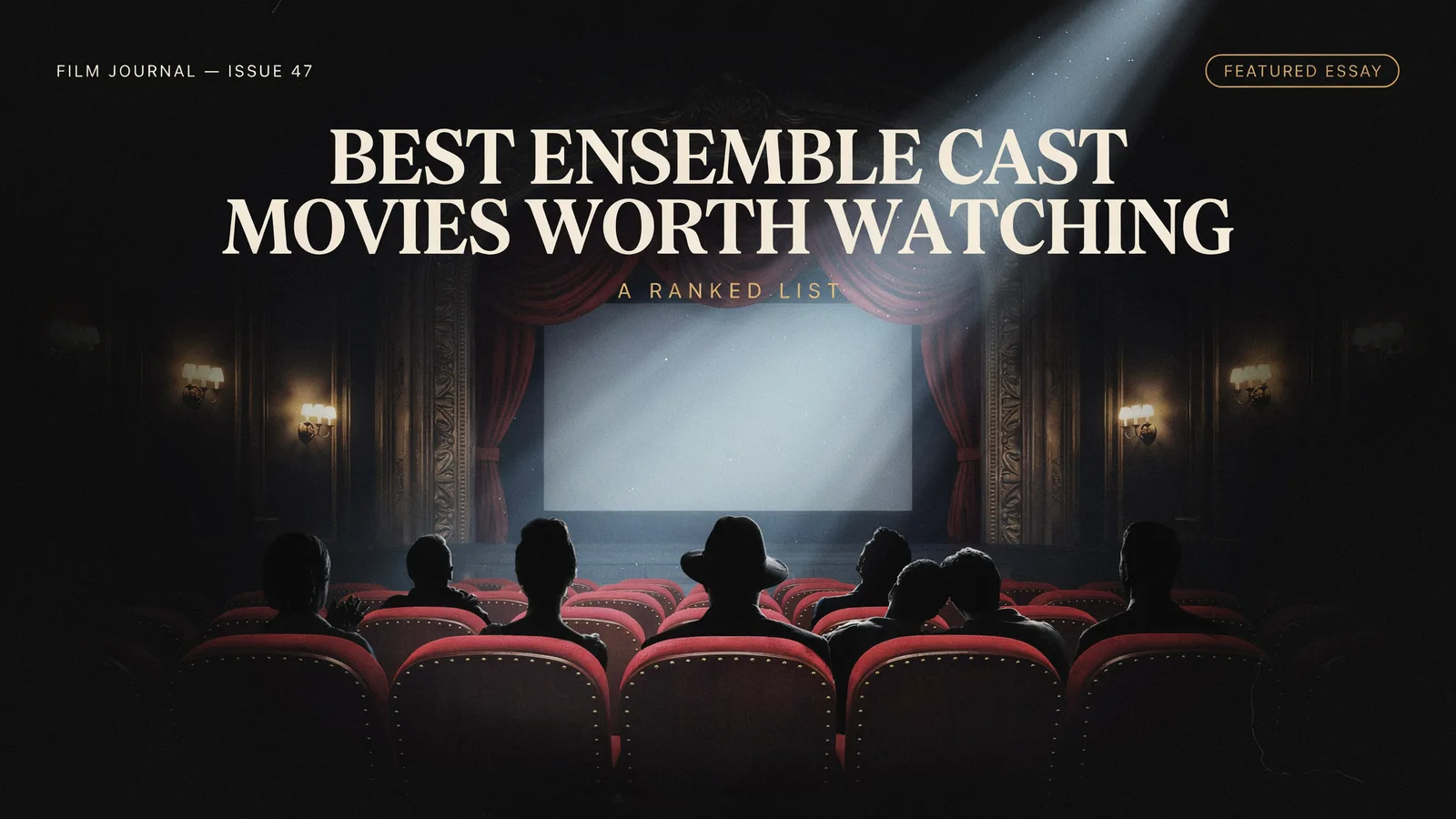 A darkened movie theater audience watching a blank screen, titled Best Ensemble Cast Movies Worth Watching, A Ranked List.