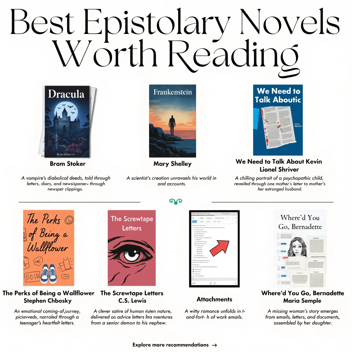 Best Epistolary Novels Worth Reading infographic featuring Dracula, Frankenstein, We Need to Talk About Kevin, The Perks of Being a Wallflower, The Screwtape Letters, Attachments, and Where'd You Go, Bernadette.