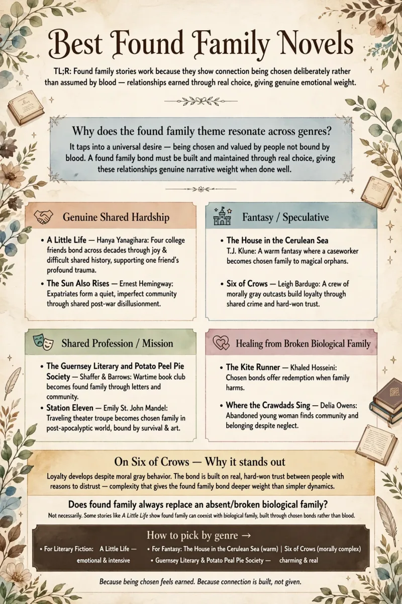 Best Found Family Novels infographic featuring A Little Life, The Sun Also Rises, The House in the Cerulean Sea, Six of Crows, The Guernsey Literary and Potato Peel Pie Society, Station Eleven, The Kite Runner, and Where the Crawdads Sing.