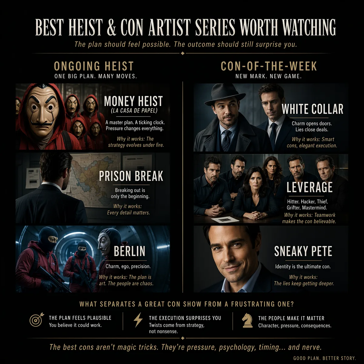 Best Heist and Con Artist Series Worth Watching infographic split into Ongoing Heist shows (Money Heist, Prison Break, Berlin) and Con-of-the-Week shows (White Collar, Leverage, Sneaky Pete).