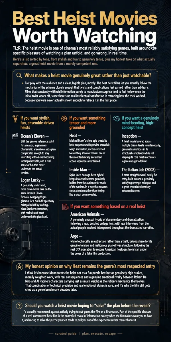 Best Heist Movies Worth Watching infographic featuring Ocean's Eleven, Logan Lucky, Heat, Inside Man, Inception, The Italian Job, American Animals, and Argo.