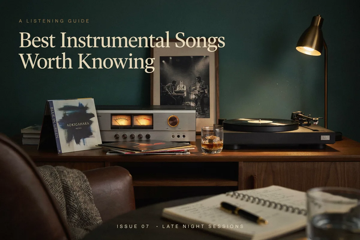 A grand piano and a violin resting beside sheet music with no lyrics, titled Best Instrumental Songs Worth Knowing.