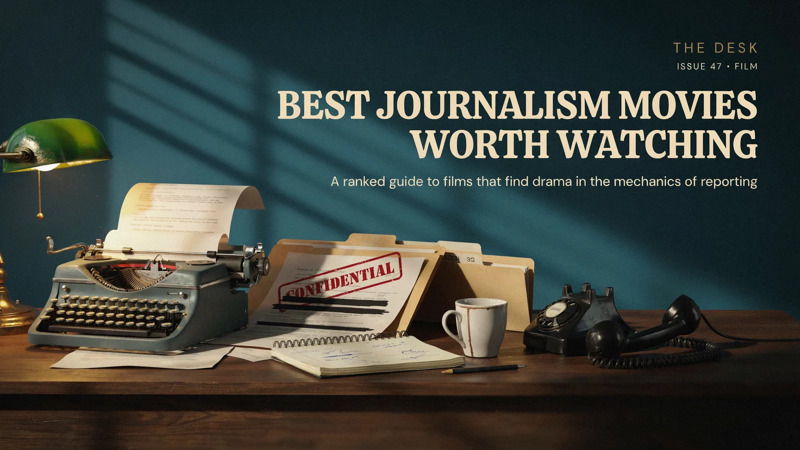 A reporter's cluttered desk with a rotary phone, notepad and typewriter beneath a corkboard of clipped articles, titled Best Journalism Movies Worth Watching.