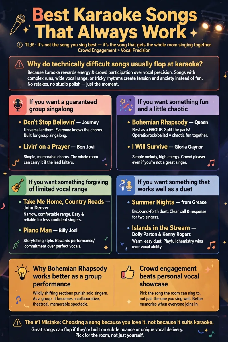 Best Karaoke Songs That Always Work infographic featuring Don't Stop Believin', Livin' on a Prayer, Bohemian Rhapsody, I Will Survive, Take Me Home Country Roads, Piano Man, Summer Nights, and Islands in the Stream.