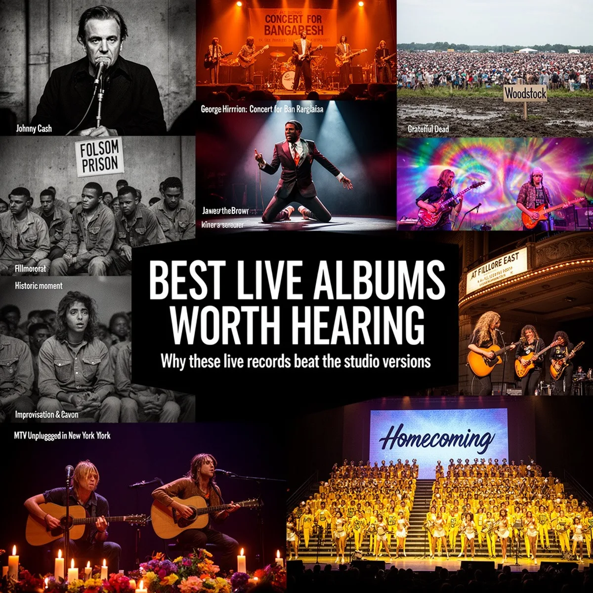 Best Live Albums Worth Hearing collage featuring Johnny Cash at Folsom Prison, James Brown, Woodstock, the Grateful Dead, At Fillmore East, and Beyoncé's Homecoming.