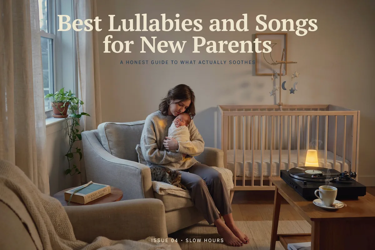 A parent holding a sleeping newborn in a nursery armchair beside a crib and record player, titled Best Lullabies and Songs for New Parents.