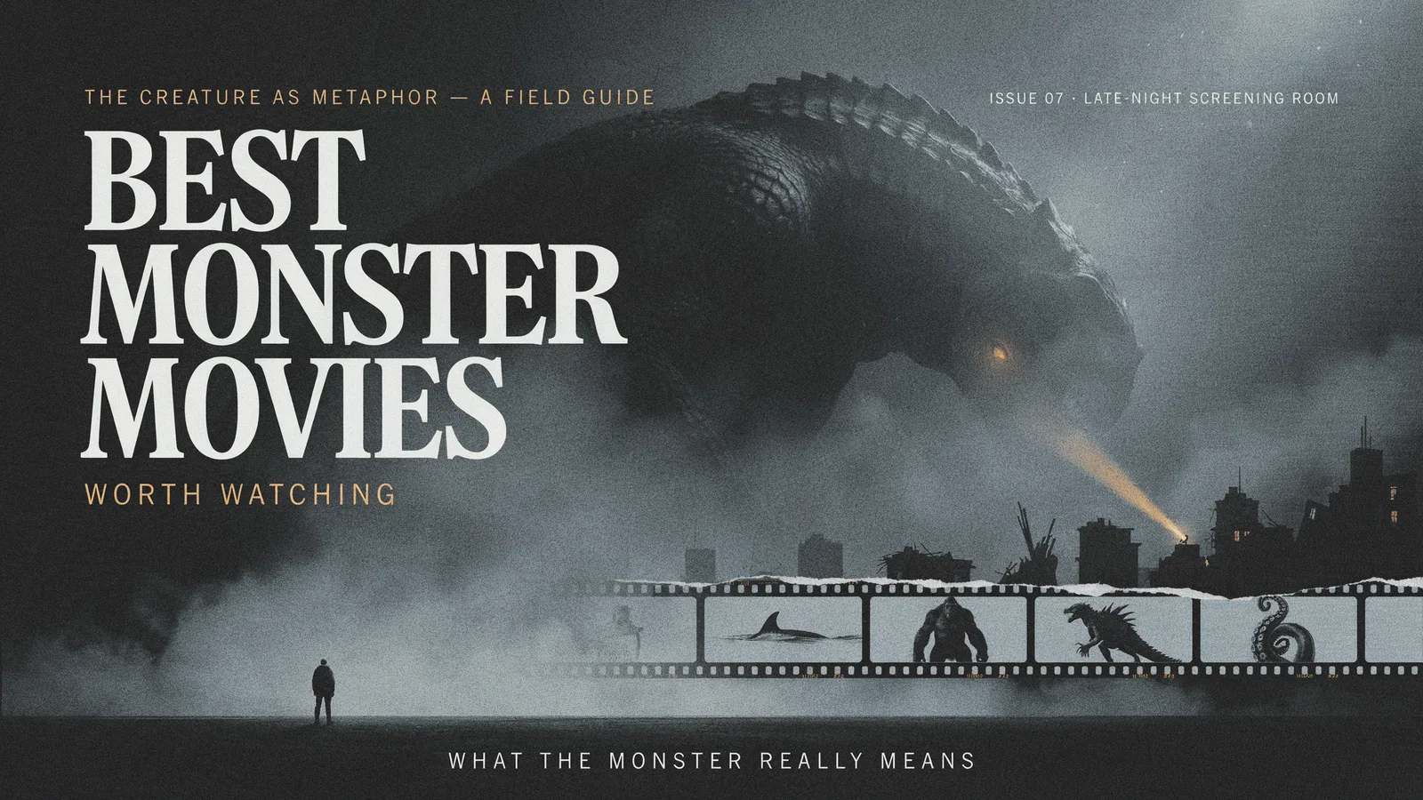 A towering kaiju looming over a ruined city skyline beside a film strip of classic monster movies, titled Best Monster Movies Worth Watching, what the monster really means.