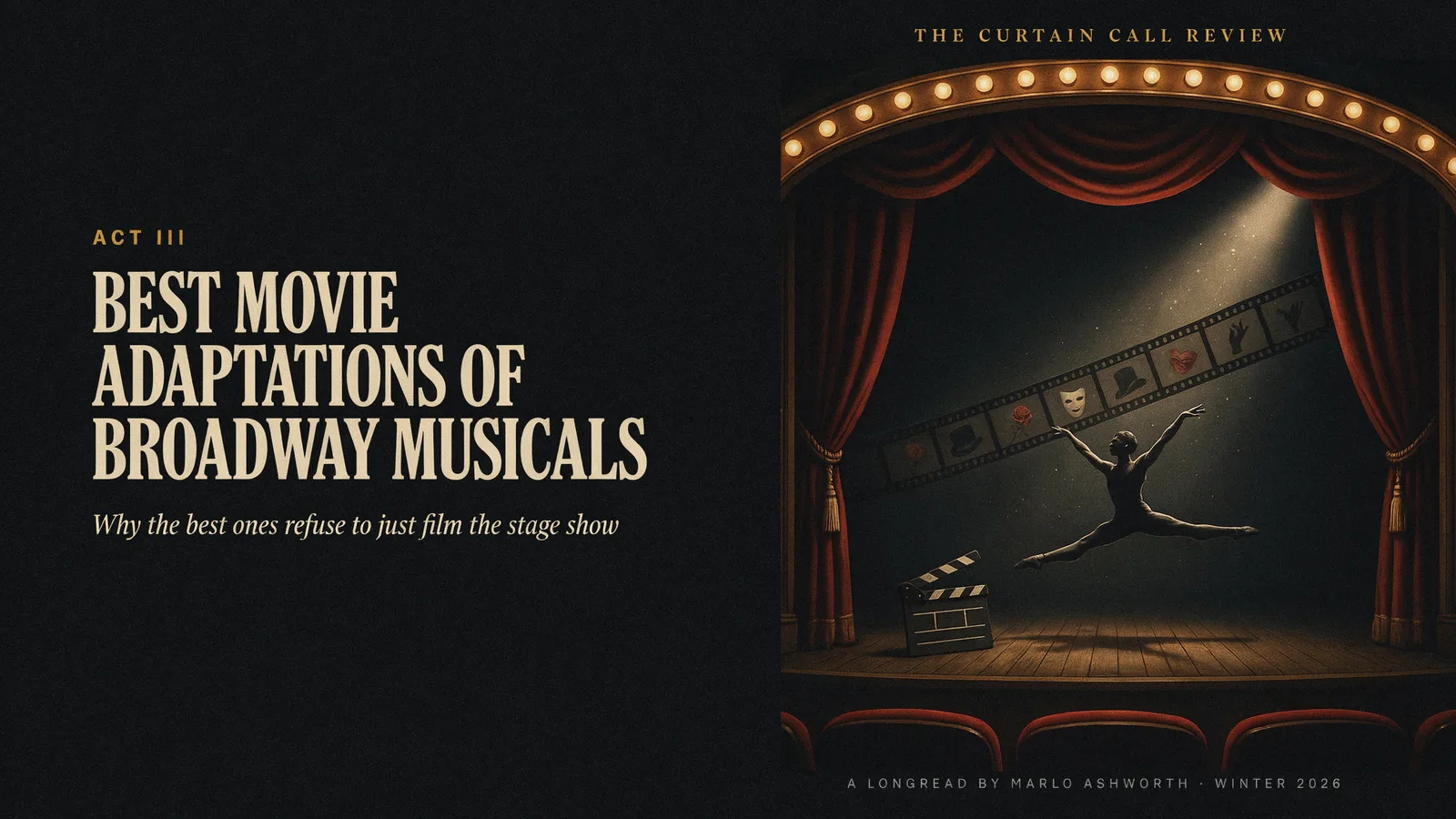 A theater stage with spotlight and clapperboard beside a dancer's silhouette and film strip, titled Best Movie Adaptations of Broadway Musicals.