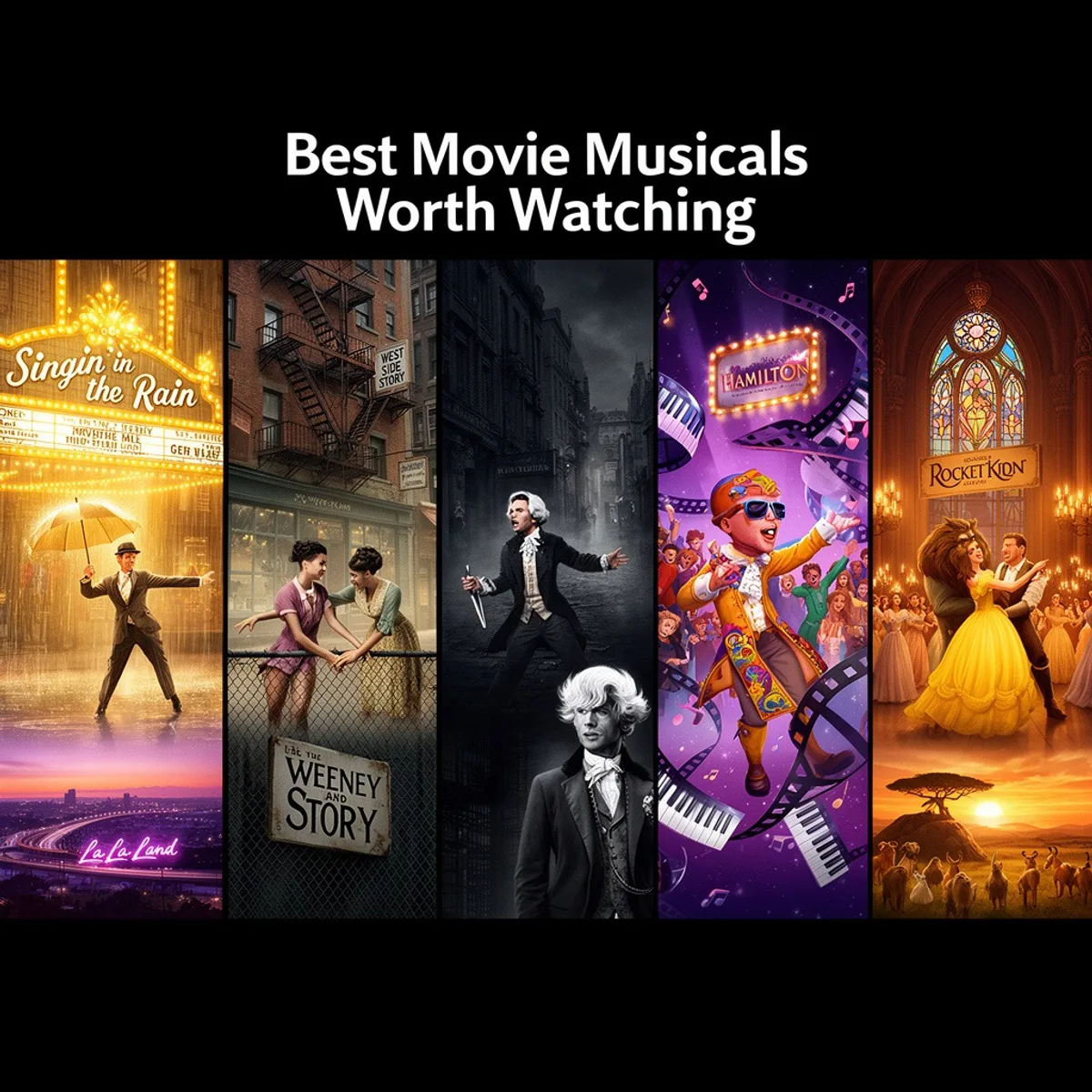 Best Movie Musicals Worth Watching collage featuring Singin' in the Rain, West Side Story, Sweeney Todd, Hamilton, and Beauty and the Beast movie posters.