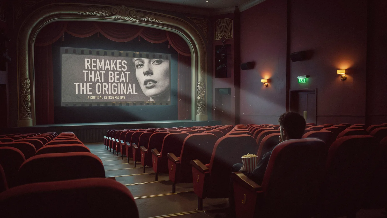 An empty movie theater screening a black-and-white retrospective titled Remakes That Beat the Original.
