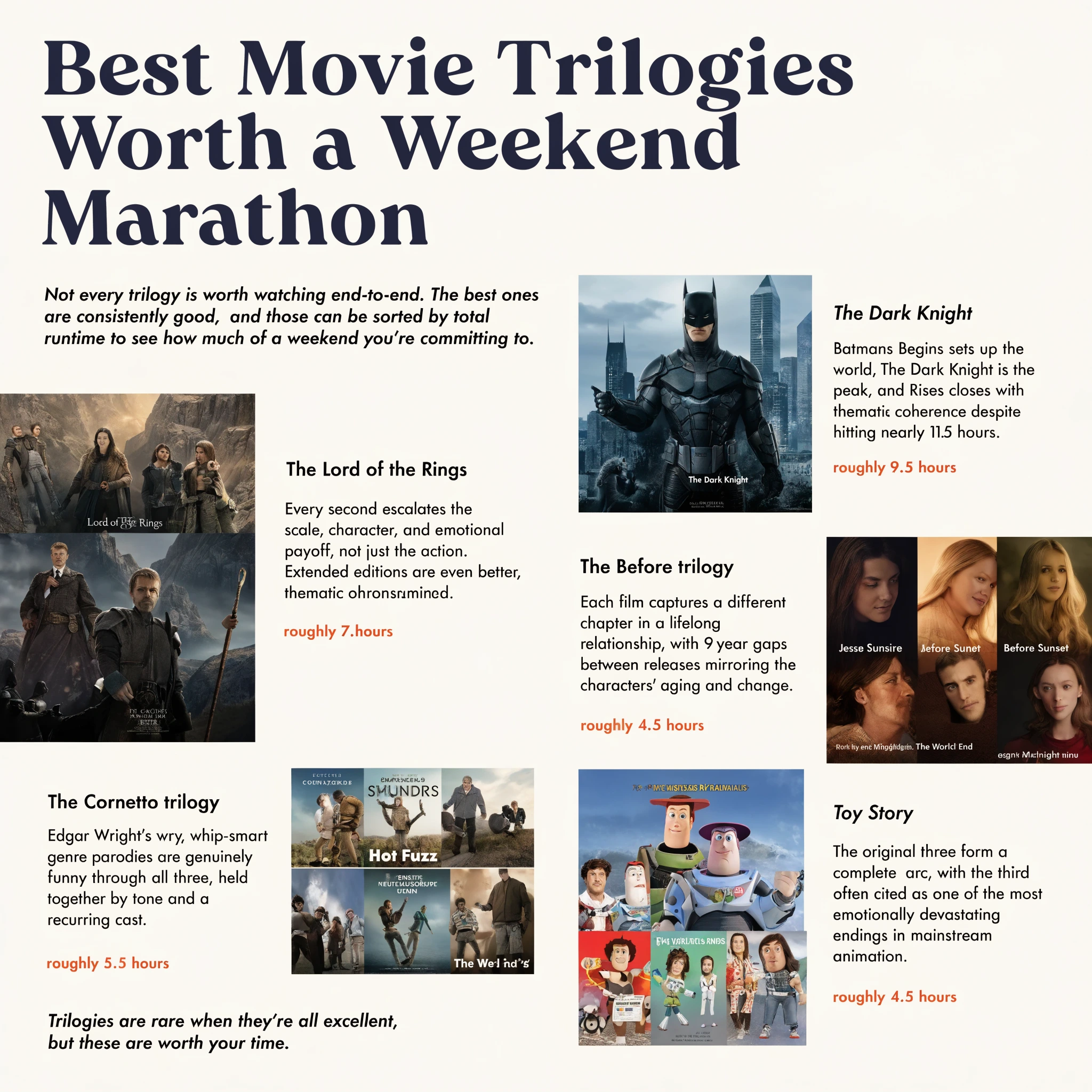 Best Movie Trilogies Worth a Marathon infographic showing a film reel unspooling across iconic trilogies: Before Trilogy, Lord of the Rings, Cornetto Trilogy, Planet of the Apes, and The Dark Knight.