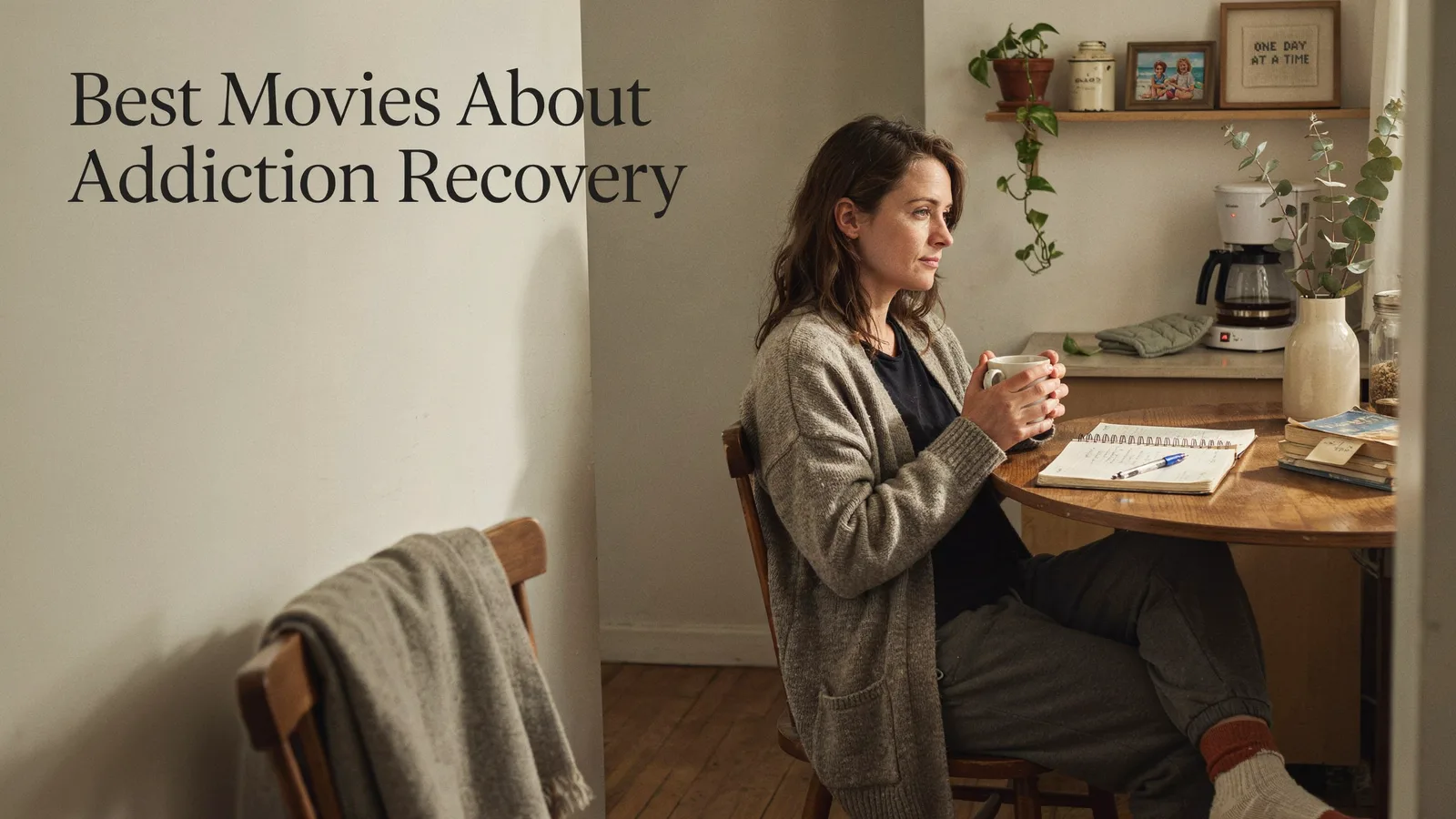 A worn twelve-step chip resting on a folding chair beside a coffee cup in a support group circle, titled Best Movies About Addiction Recovery.