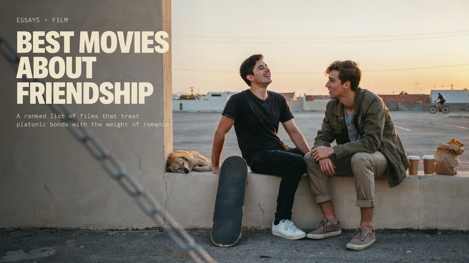Two friends sitting and talking on a sunset rooftop parking lot beside a sleeping dog, titled Best Movies About Friendship.