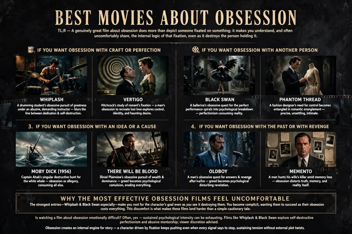 Best Movies About Obsession infographic featuring Whiplash, Vertigo, Black Swan, Phantom Thread, Moby Dick, There Will Be Blood, Oldboy, and Memento.