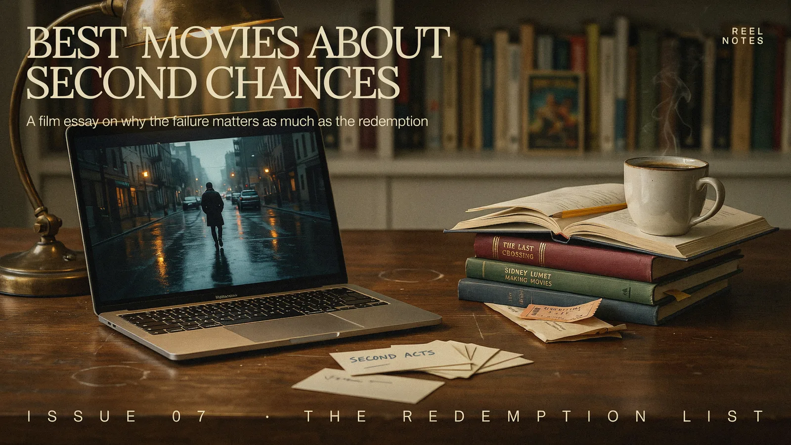 A lone figure walking down a rain-soaked city street at night beside a stack of film books and a laptop, titled Best Movies About Second Chances.