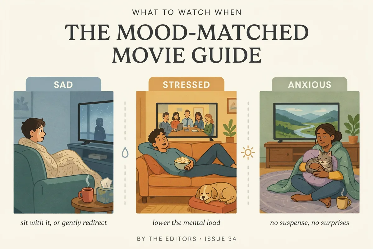 A three-panel mood guide illustrating sad, stressed, and anxious viewers each with a different comfort setup, titled The Mood-Matched Movie Guide.