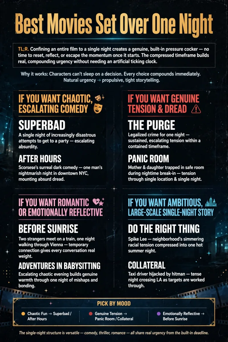 Best Movies Set Over One Night infographic featuring Superbad, After Hours, The Purge, Panic Room, Before Sunrise, Adventures in Babysitting, Do the Right Thing, and Collateral.