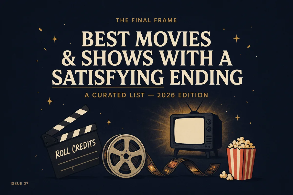 A magazine cover titled The Final Frame, Best Movies and Shows With a Satisfying Ending, beside a clapperboard reading Roll Credits, a film reel, a glowing television, and popcorn.