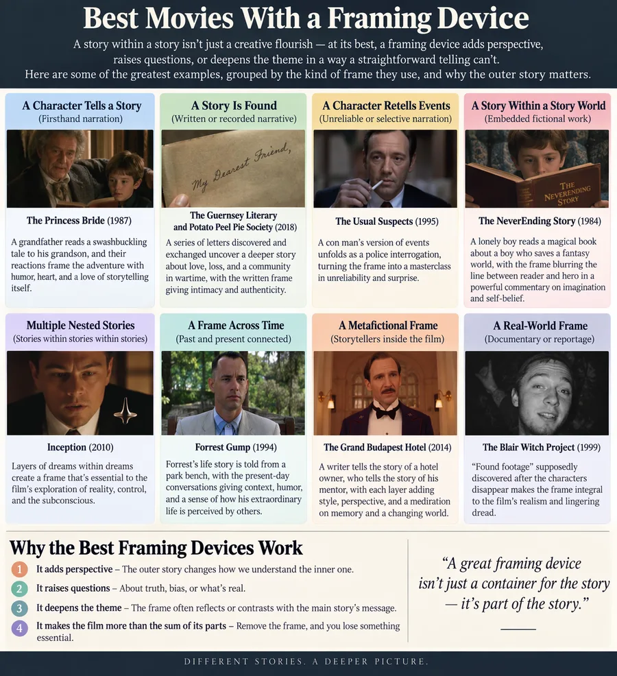 A grid of eight movie posters including The Princess Bride, Inception and Forrest Gump, each labeled by the kind of framing device it uses.