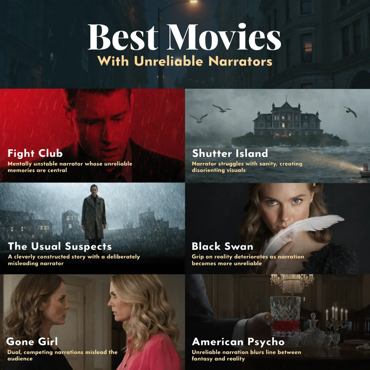 Best Movies With Unreliable Narrators infographic featuring Fight Club, Shutter Island, The Usual Suspects, Black Swan, Gone Girl, and American Psycho.