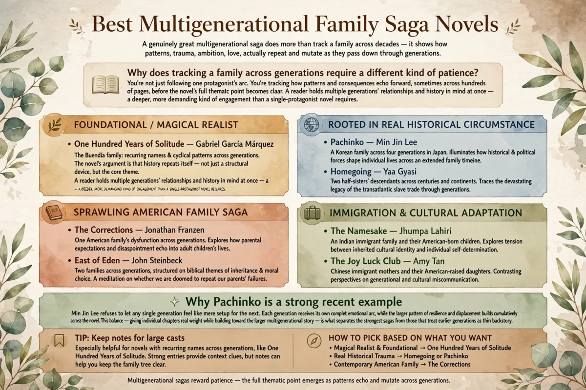 Best Multigenerational Family Saga Novels infographic featuring One Hundred Years of Solitude, Pachinko, The Kite Runner, Homegoing, The Corrections, East of Eden, The Namesake, and The Joy Luck Club.