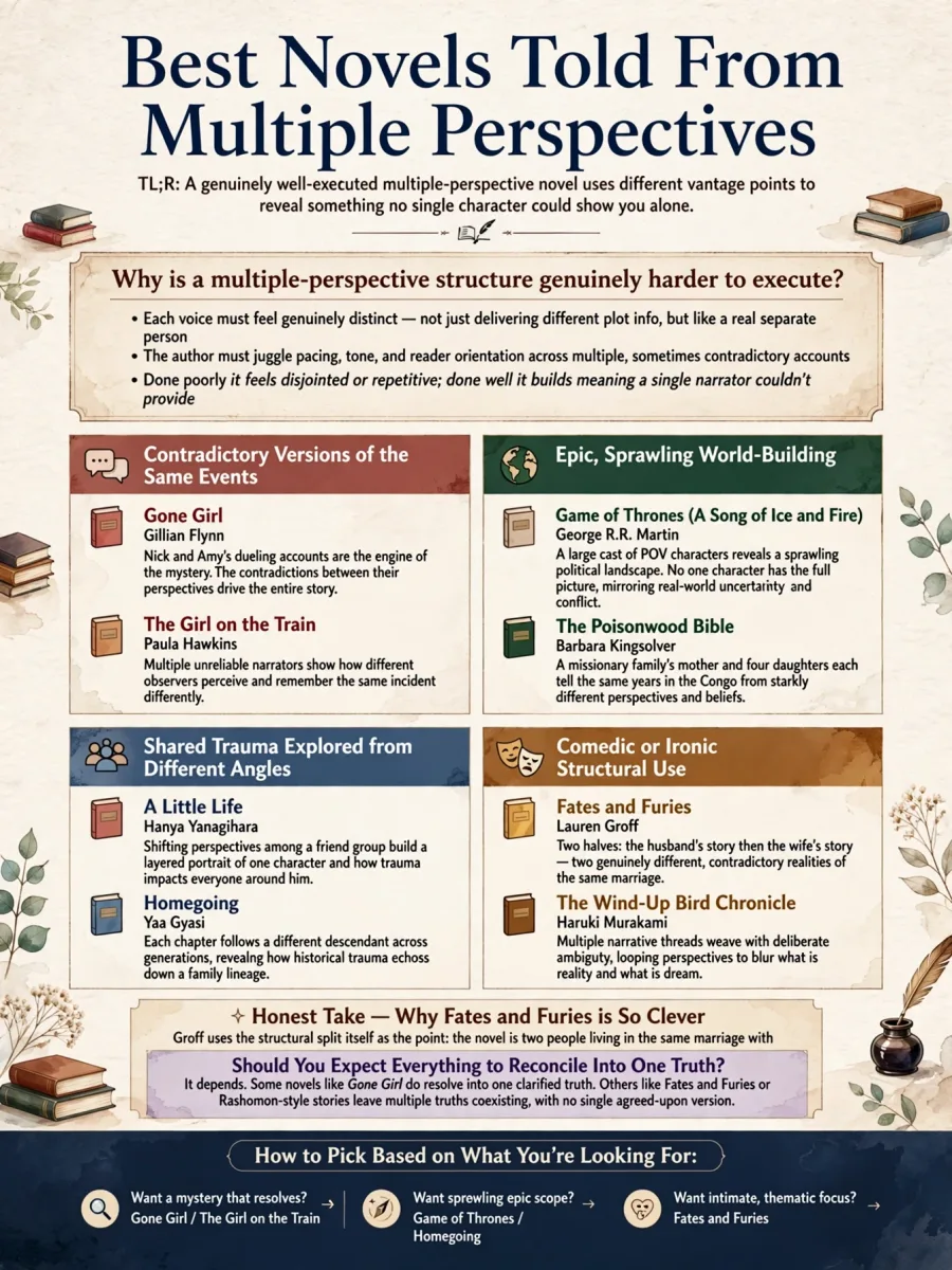 Best Novels Told From Multiple Perspectives infographic featuring Gone Girl, The Girl on the Train, A Song of Ice and Fire, The Poisonwood Bible, A Little Life, Homegoing, Fates and Furies, and The Wind-Up Bird Chronicle.
