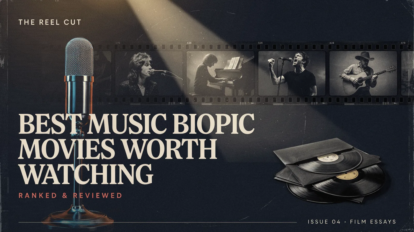 A vintage microphone on a spotlighted stage beside a stack of vinyl records, titled Best Music Biopic Movies Worth Watching.