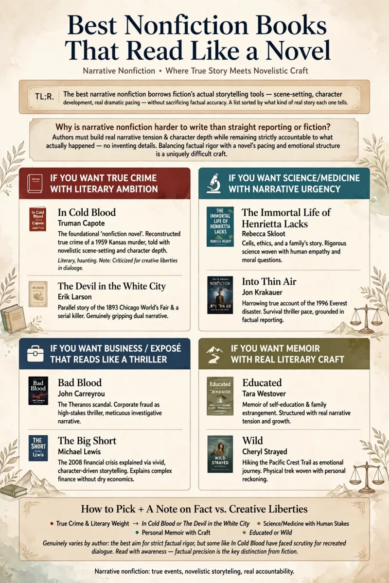 Best Nonfiction Books That Read Like a Novel infographic featuring In Cold Blood, The Devil in the White City, The Immortal Life of Henrietta Lacks, Into Thin Air, Bad Blood, The Big Short, Educated, and Wild.