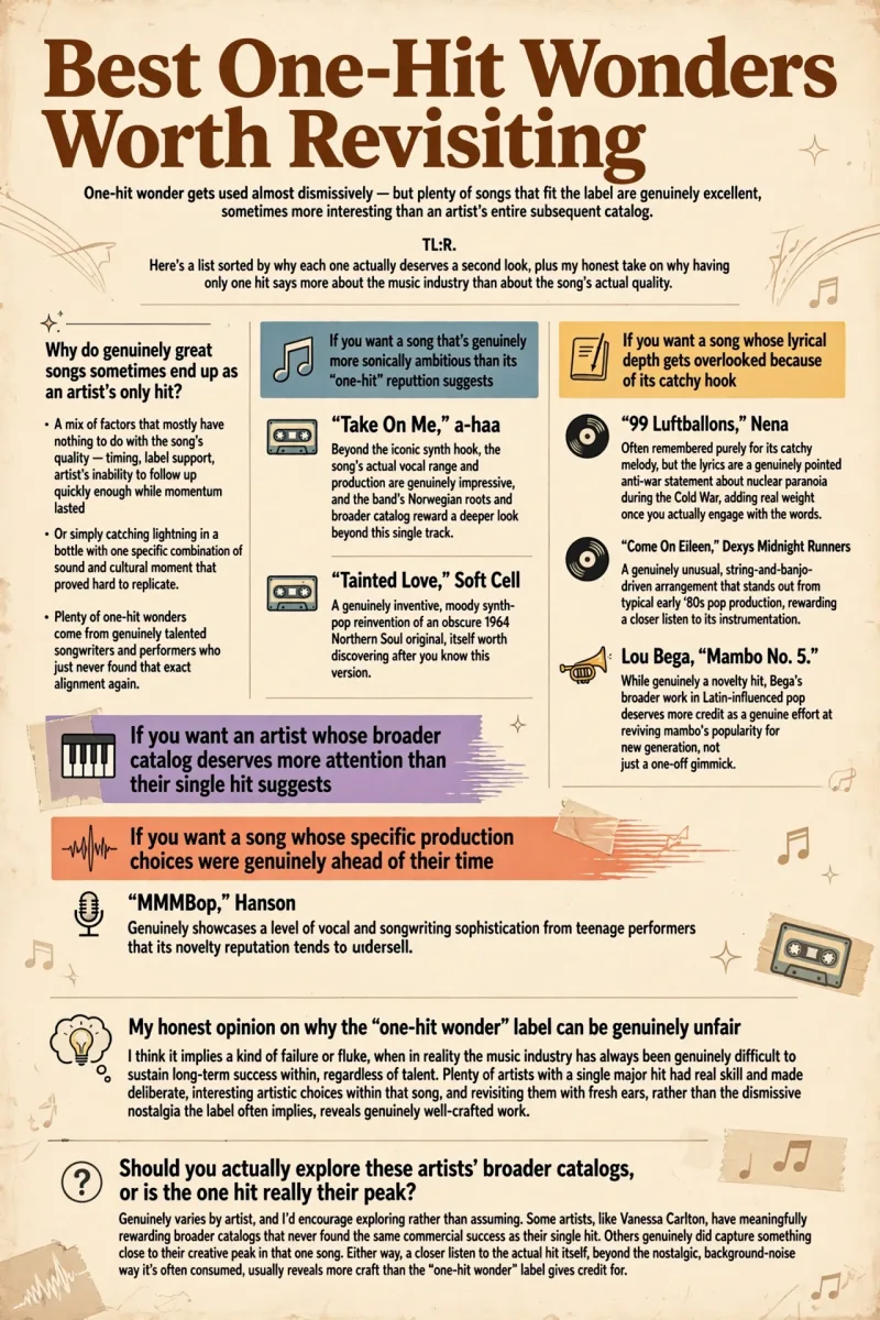 Best One-Hit Wonders Worth Revisiting infographic featuring Take On Me, Tainted Love, 99 Luftballons, Come On Eileen, A Thousand Miles, and MMMBop.