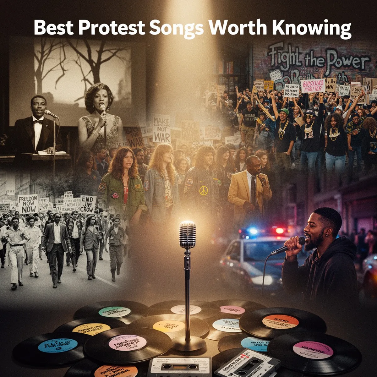 Best Protest Songs Worth Knowing collage featuring civil rights era marches, Vietnam war protest, Black Lives Matter demonstrations, and a spotlight on a vintage microphone surrounded by vinyl records.