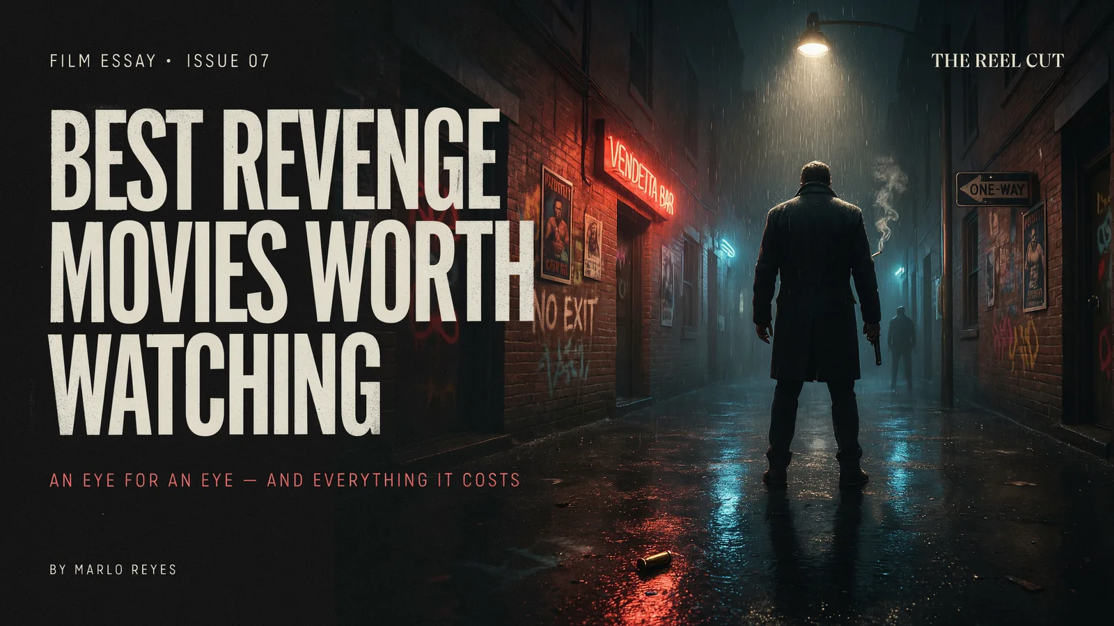 A silhouetted figure holding a gun in a rainy alley beneath a neon Vendetta Bar sign, titled Best Revenge Movies Worth Watching.
