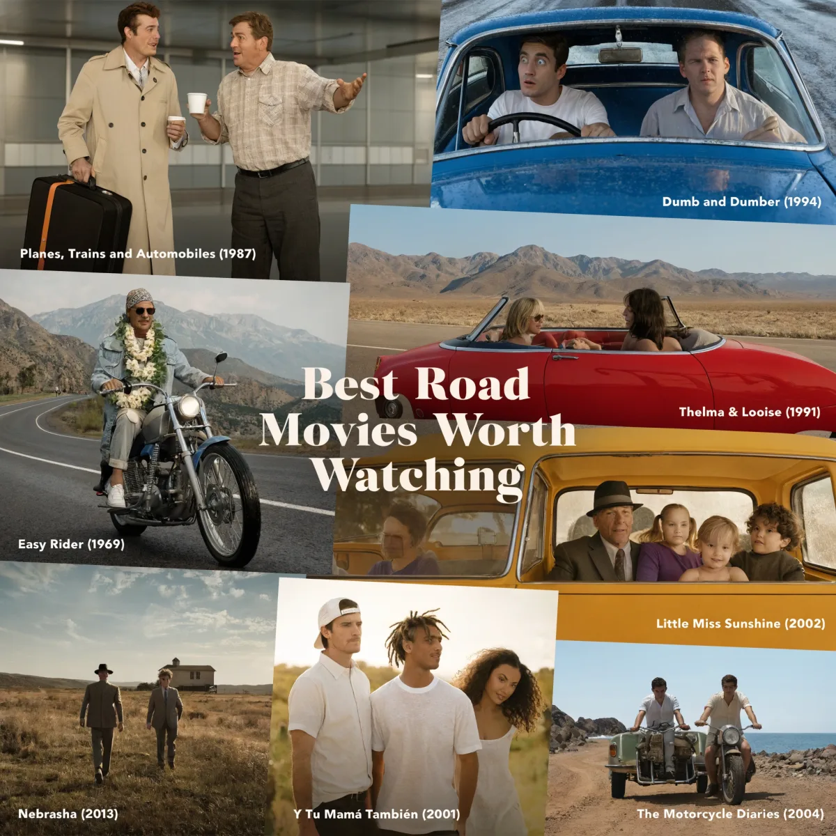 Best Road Trip Movies Worth Watching infographic featuring Planes Trains and Automobiles, Dumb and Dumber, Thelma and Louise, Little Miss Sunshine, Easy Rider, Y Tu Mama Tambien, Nebraska, and The Motorcycle Diaries.