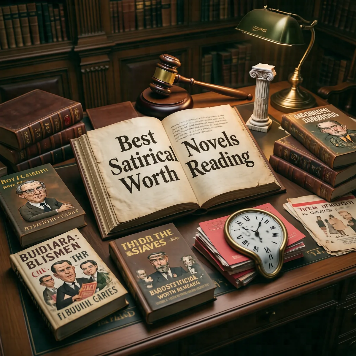 A stack of satirical novels including Catch-22 and Animal Farm beside a pair of glasses and a wry newspaper clipping, titled Best Satirical Novels Worth Reading.