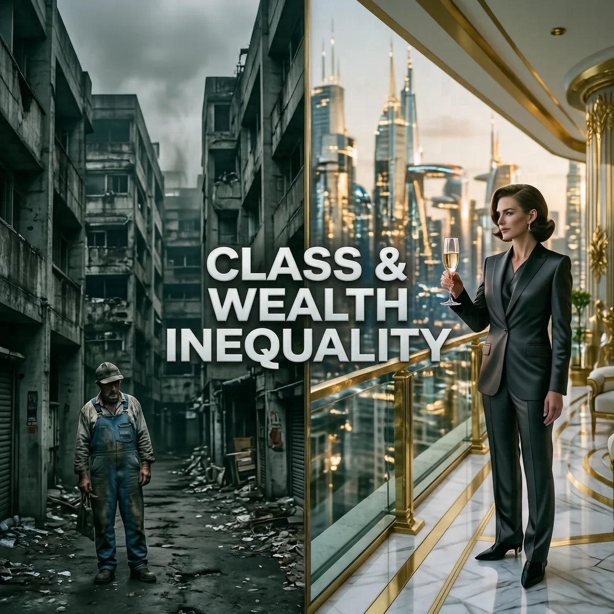A split-screen image contrasting a working-class alley with a wealthy woman on a glass balcony overlooking a city skyline, titled Class and Wealth Inequality.