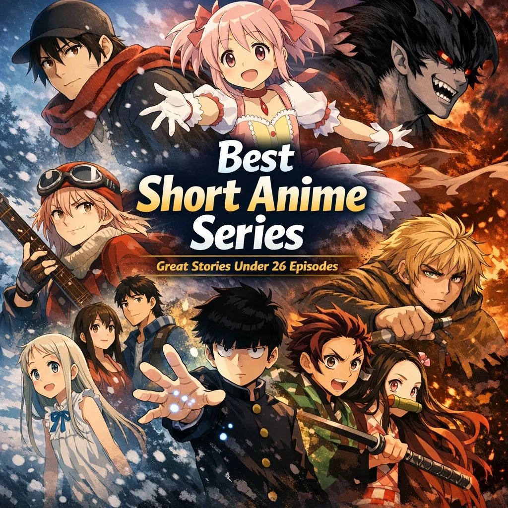 A poster titled Best Short Anime Series: Great Stories Under 100 Episodes featuring Erased, Madoka Magica, Devilman Crybaby, FLCL, Anohana, Mob Psycho 100, Demon Slayer, and Vinland Saga.