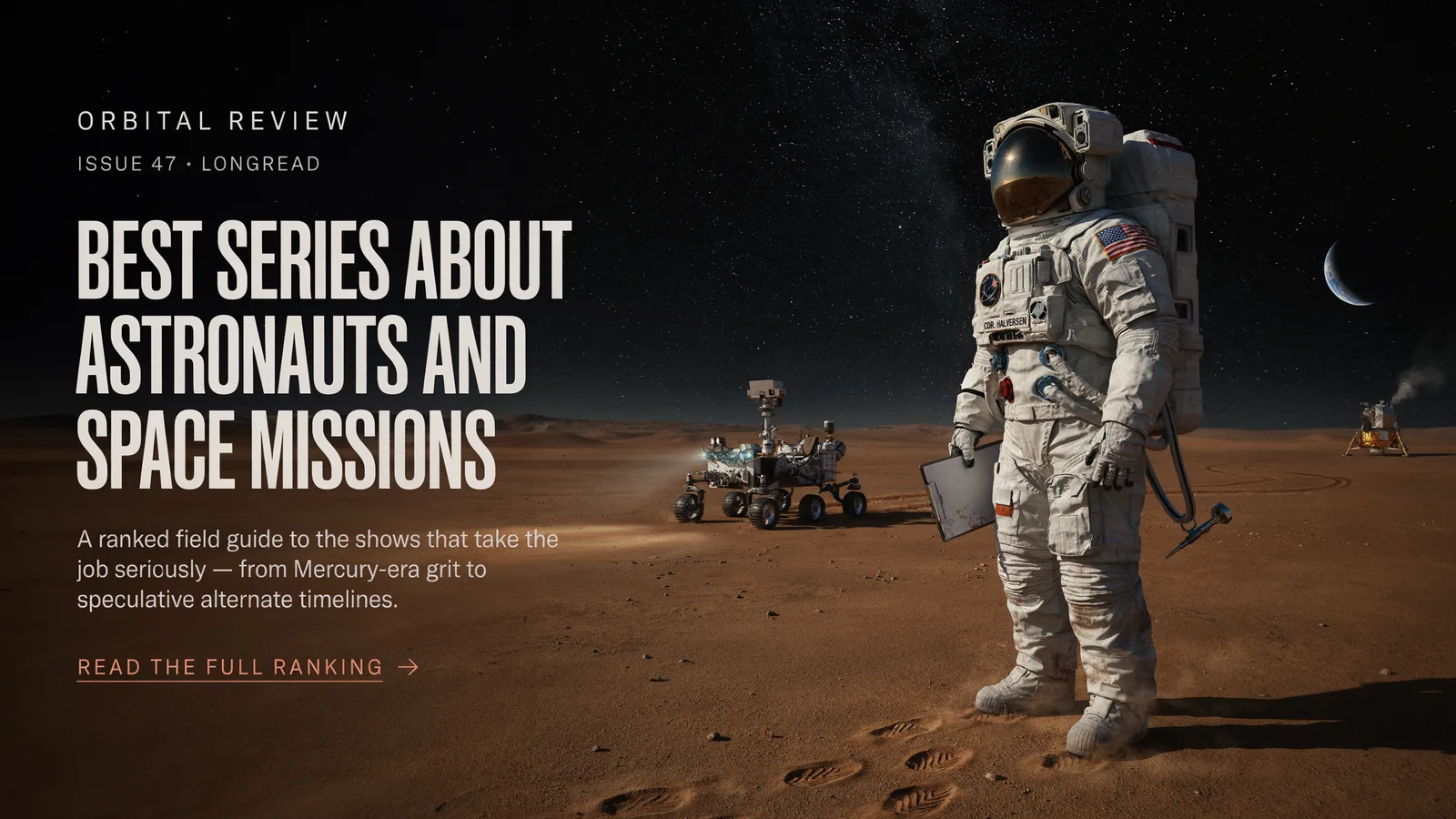 An astronaut standing on a Mars-like surface beside a rover and lander, titled Best Series About Astronauts and Space Missions.