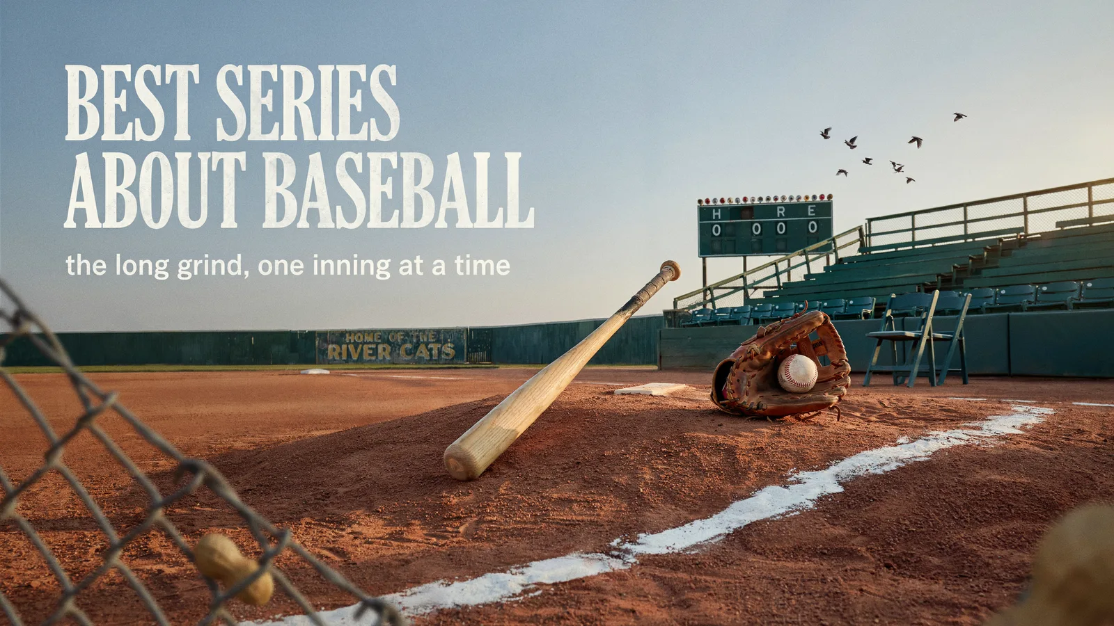 An empty baseball diamond at dusk with a bat and glove resting on home plate beside a scoreboard, titled Best Series About Baseball.